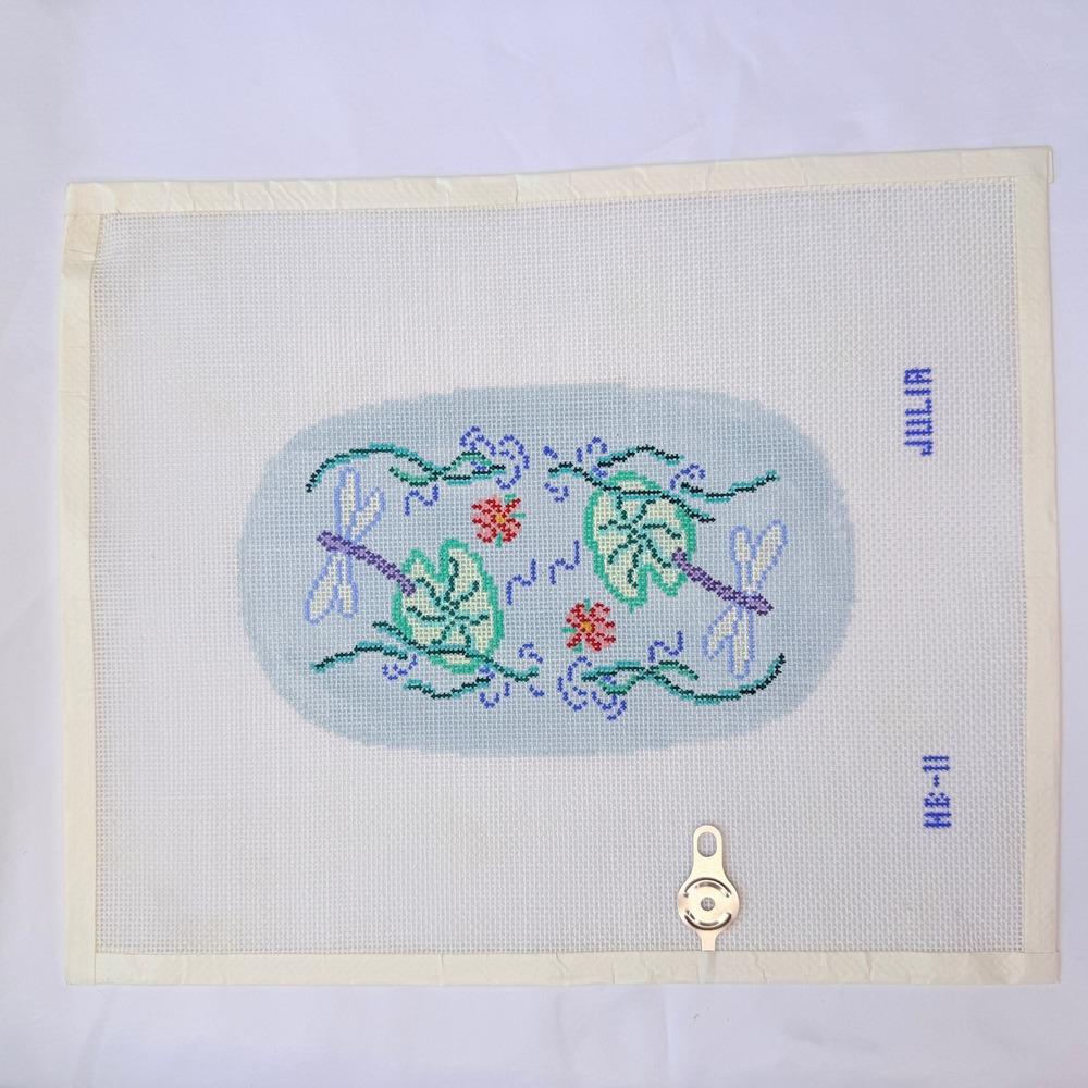 Julia Needlepoint Canvas Dragonfly Lily Pad Hand Painted Mesh Blue White 11x9